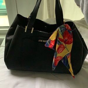 Black vegan leather Steve Madden with removable pouch, long strap, floral scarf